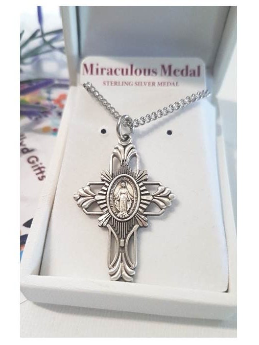 Sterling Silver Miraculous Medal/Silver Cross with Miraculous Medal/Our Lady Of Grace Silver Necklace for Men and Women/Virgin Mary Necklace