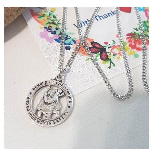 Men’s St Christopher Sterling Silver Necklace, Adult Sterling Saint Christopher, Patron Saint for Travellers, Silver Patron Saint Medal