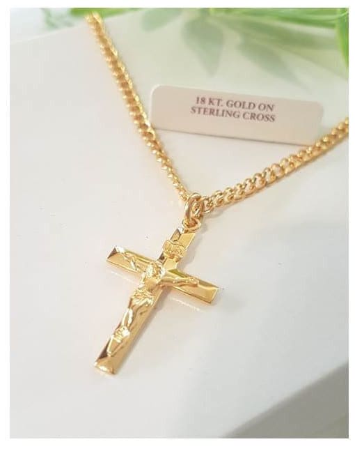 Gold Over Sterling Silver Crucifix/Gold On Silver Crucifix Pendant/Mens Solid Crucifix Necklace/Crucifix Necklace Gold For Men and Women