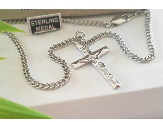 Sterling Silver Solid Crucifix Pendant/Chapel Sterling Crucifix Necklace for Adults/Silver Crucifix Pendant for Confirmation, Graduation