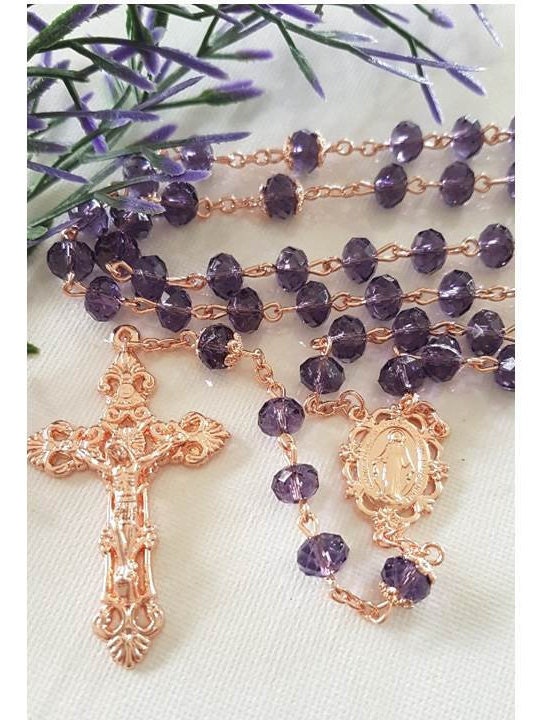 Amethyst Rose Gold Crystal Rosary/Rose Gold Crucifix/Rose Gold Rosary with Purple Amethyst/Rose Gold Virgin Mary and Miraculous Medal