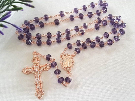 Amethyst Rose Gold Crystal Rosary/Rose Gold Crucifix/Rose Gold Rosary with Purple Amethyst/Rose Gold Virgin Mary and Miraculous Medal