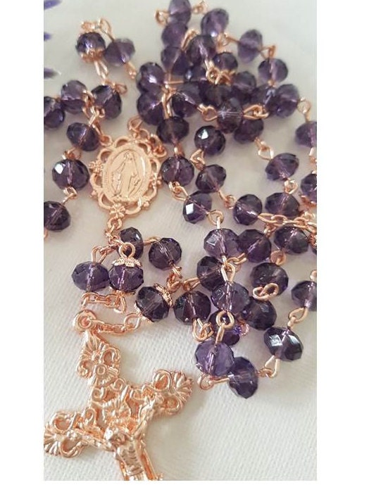 Amethyst Rose Gold Crystal Rosary/Rose Gold Crucifix/Rose Gold Rosary with Purple Amethyst/Rose Gold Virgin Mary and Miraculous Medal