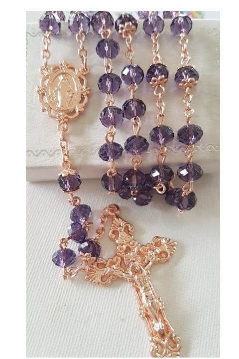 Amethyst Rose Gold Crystal Rosary/Rose Gold Crucifix/Rose Gold Rosary with Purple Amethyst/Rose Gold Virgin Mary and Miraculous Medal