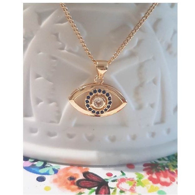 Gold Filled Evil Eye with Sapphire CZ Necklace,14K Gold Filled Evil Eye Pendant, Ladies Lucky Eye Necklace, Gold Evil Eye Jewelry