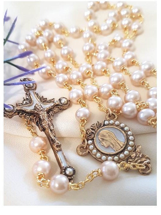 Gold Plated Pearl Rosary,Feminine Pearl Rosary,Mother of Bride Gift,Bride's Rosary,Vintage look Prayer Beads,Pearls of Mary,Catholic Wedding