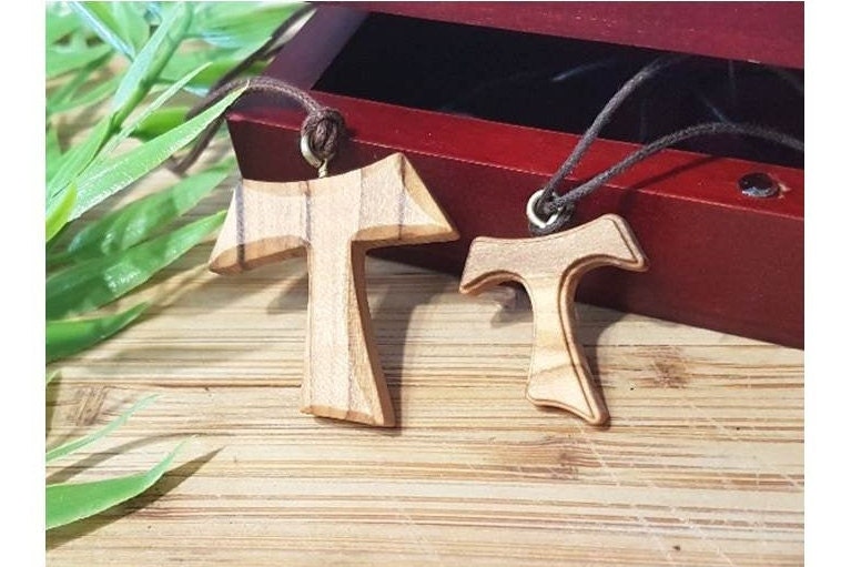 Olivewood Tau Cross,Tau Cross Corded Olive Wood Necklace,Franciscan Cross Pendant,Boys and Girls Wood Cross,Men Wood Cross Corded Necklace