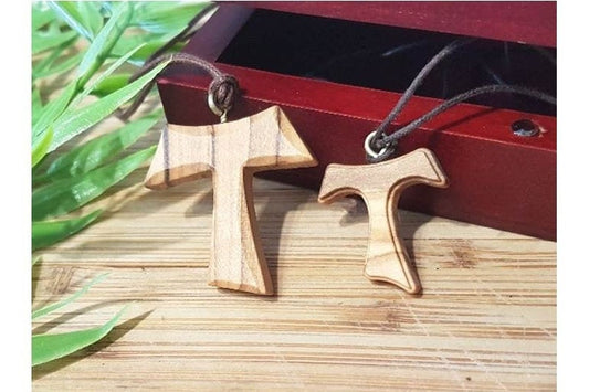 Olivewood Tau Cross,Tau Cross Corded Olive Wood Necklace,Franciscan Cross Pendant,Boys and Girls Wood Cross,Men Wood Cross Corded Necklace