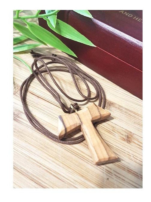 Olivewood Tau Cross,Tau Cross Corded Olive Wood Necklace,Franciscan Cross Pendant,Boys and Girls Wood Cross,Men Wood Cross Corded Necklace