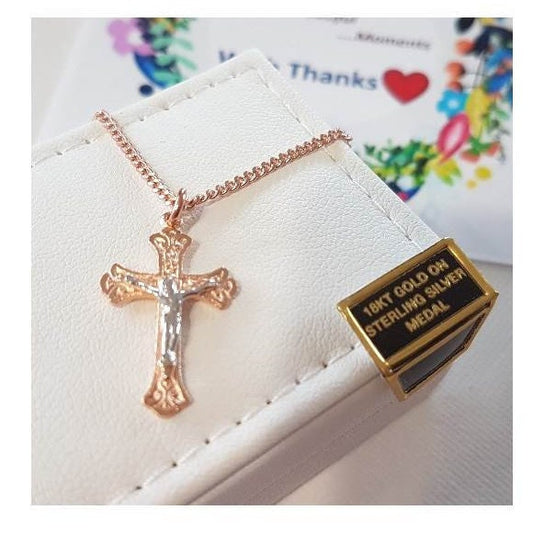 Rose Gold Crucifix, Sterling Silver Rose Gold Crucifix, Two Tone Sterling Silver Crucifix, Ladies Rose Gold On Sterling Crucifix Pendant