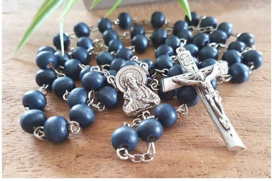 Blue Wood Rosary, Rosary for Men, 8mm Big Beads Wood Rosary, Rustic Crucifix, RCIA Gifts, Graduation Gift, Sacred Heart of Jesus Rosary