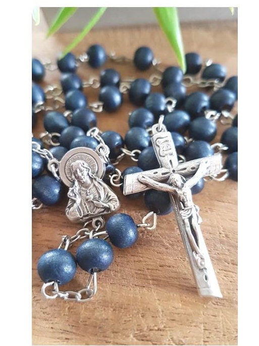 Blue Wood Rosary, Rosary for Men, 8mm Big Beads Wood Rosary, Rustic Crucifix, RCIA Gifts, Graduation Gift, Sacred Heart of Jesus Rosary