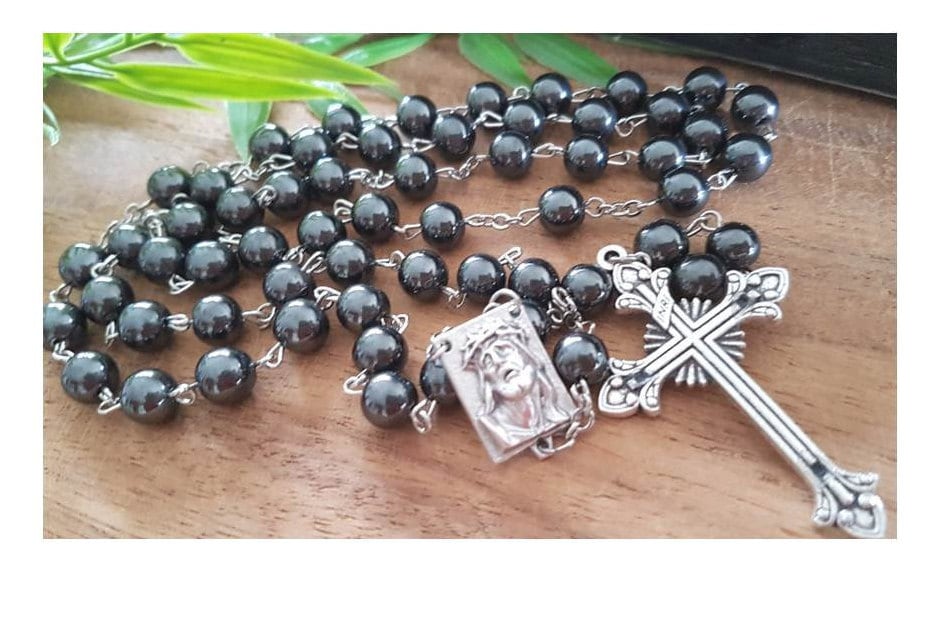 Chunky Hematite Rosary/Genuine Hematite 8mm Beads Rosary/Hematite Prayer Beads/Heavy Rosary for Men/Scapular Medal/Crown Of Thorns Rosary
