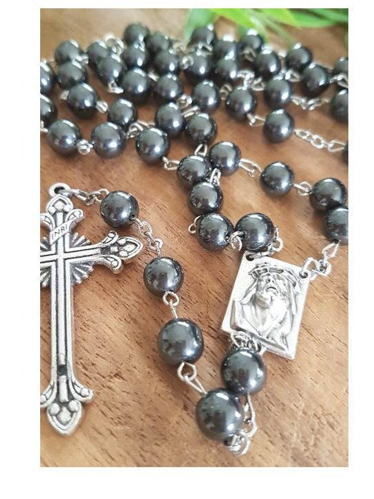 Chunky Hematite Rosary/Genuine Hematite 8mm Beads Rosary/Hematite Prayer Beads/Heavy Rosary for Men/Scapular Medal/Crown Of Thorns Rosary