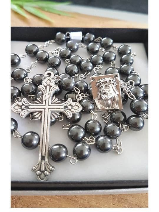 Chunky Hematite Rosary/Genuine Hematite 8mm Beads Rosary/Hematite Prayer Beads/Heavy Rosary for Men/Scapular Medal/Crown Of Thorns Rosary