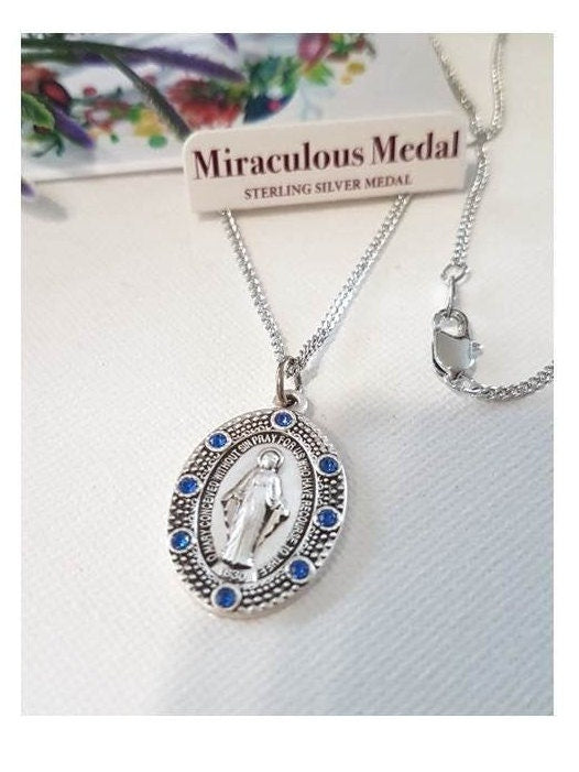 Sterling Silver Lady Of Grace Necklace/Sterling Our lady of Miraculous Medal Pendant/Virgin Mary Sterling Medal/Silver Mother Of God Jewelry
