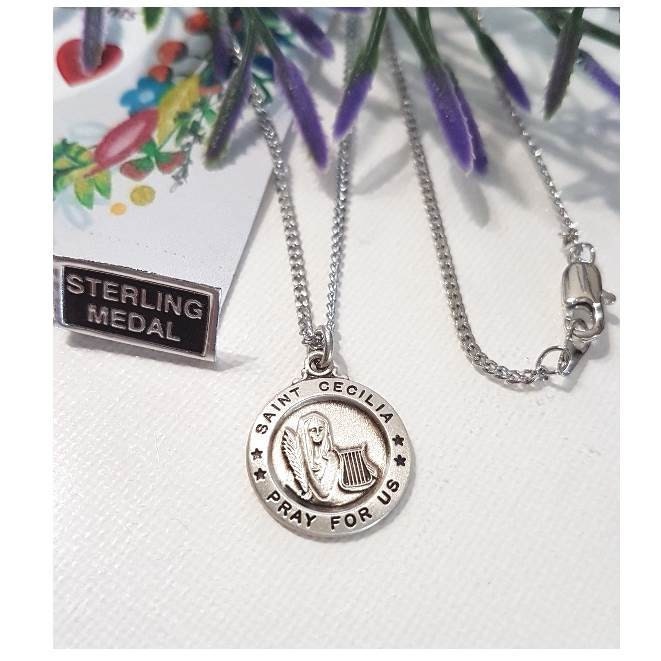 St Cecilia Sterling Medal/Sterling Silver Saint Cecilia Pendant/Silver St Cecil Patron Saint Of Musicians and Choir/Catholic Female Saints