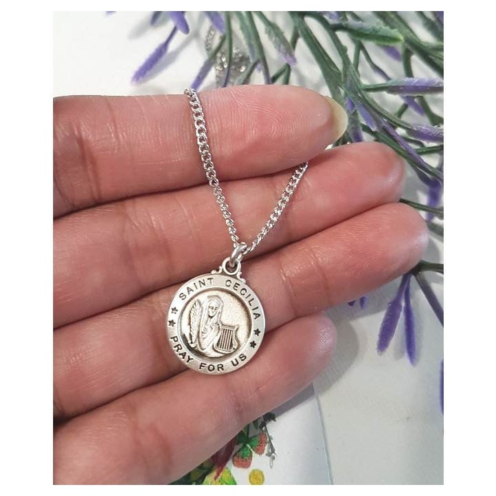 St Cecilia Sterling Medal/Sterling Silver Saint Cecilia Pendant/Silver St Cecil Patron Saint Of Musicians and Choir/Catholic Female Saints