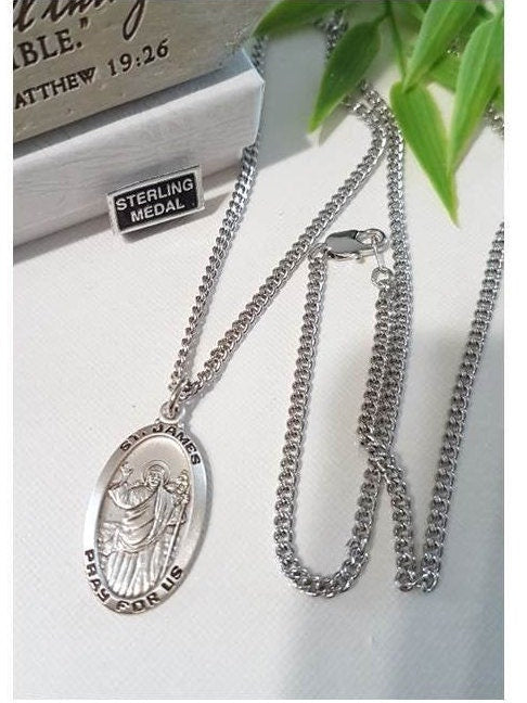 Sterling St James Medal/Sterling Silver Saint James/Males Catholic Patron Saint Jewelry/Mens Catholic and Christian Jewelry
