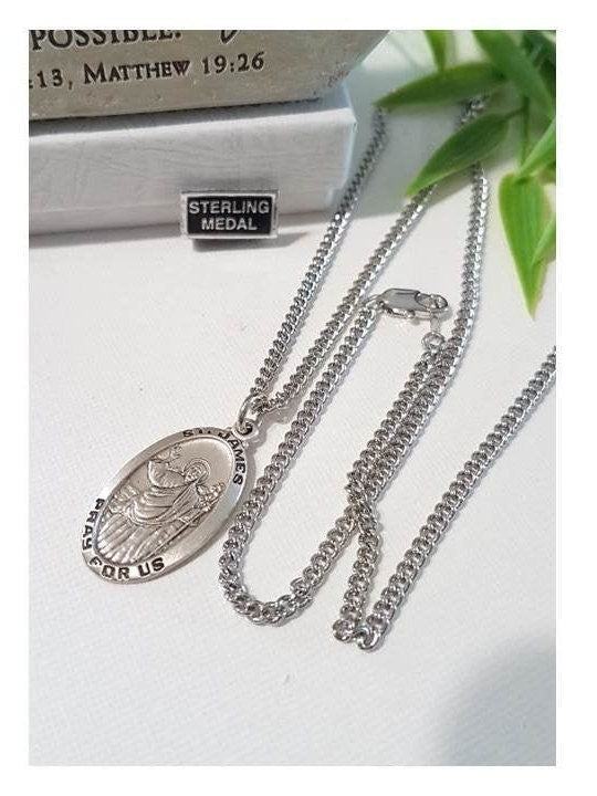Sterling St James Medal/Sterling Silver Saint James/Males Catholic Patron Saint Jewelry/Mens Catholic and Christian Jewelry