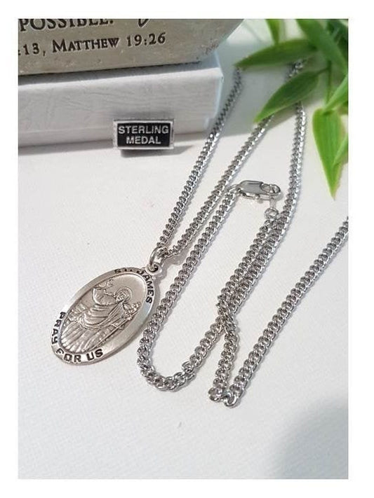 Sterling St James Medal/Sterling Silver Saint James/Males Catholic Patron Saint Jewelry/Mens Catholic and Christian Jewelry