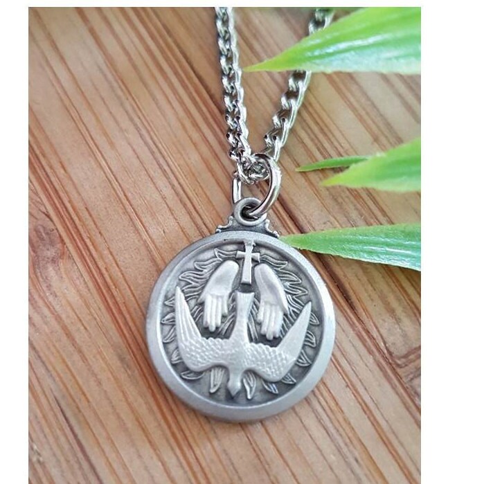 Holy Spirit Pewter Necklace, Confirmation Pendant,7 Gifts of the Holy Spirit,Praying Hands Medal, Confirmation Gifts for Boys and Girls