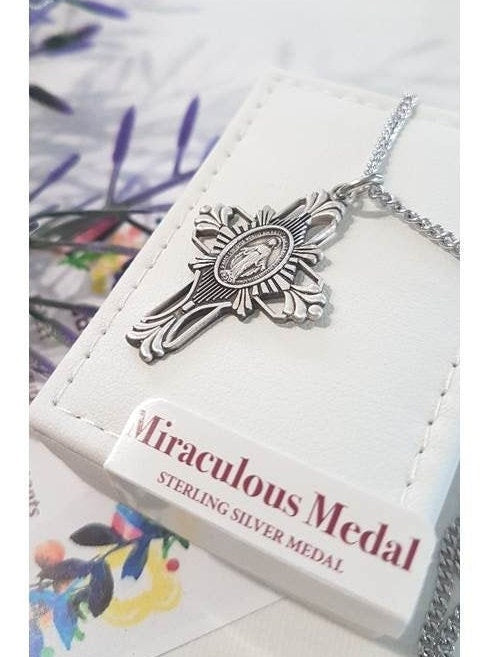 Sterling Silver Miraculous Medal/Silver Cross with Miraculous Medal/Our Lady Of Grace Silver Necklace for Men and Women/Virgin Mary Necklace