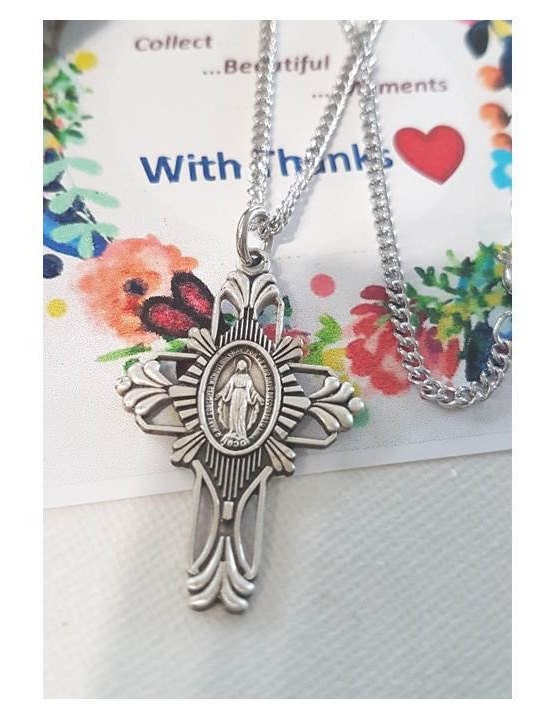 Sterling Silver Miraculous Medal/Silver Cross with Miraculous Medal/Our Lady Of Grace Silver Necklace for Men and Women/Virgin Mary Necklace