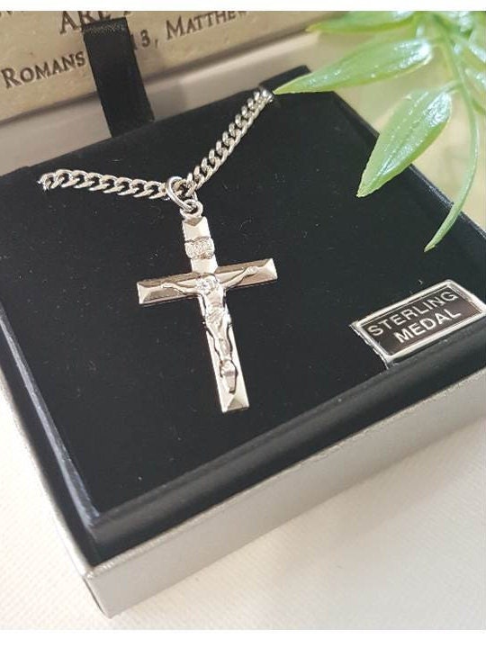Sterling Silver Solid Crucifix Pendant/Chapel Sterling Crucifix Necklace for Adults/Silver Crucifix Pendant for Confirmation, Graduation