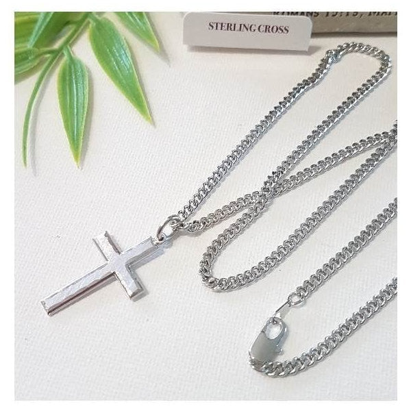 Mens Sterling Silver Cross Necklace/Silver Cross Necklace/Men and Women Christian Cross Jewelry/Heavy Chain quality Sterling Cross