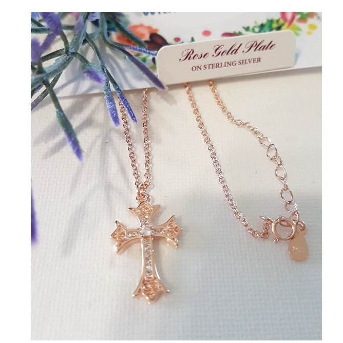 Rose Gold On Sterling Silver Cross/Rose Gold Plated over Sterling Cross with Cubic Zirconia/Ladies Filigree Rose Gold Cross Necklace