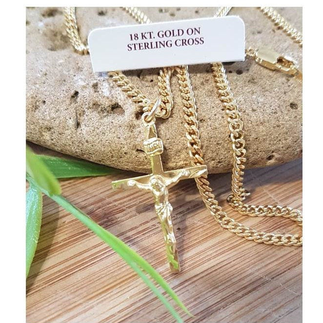 Mens Gold On Sterling Silver Crucifix/Classic Crucifix Necklace/Gold Plated On Sterling Crucifix Pendant/Crucifix Cross with Heavy Chain
