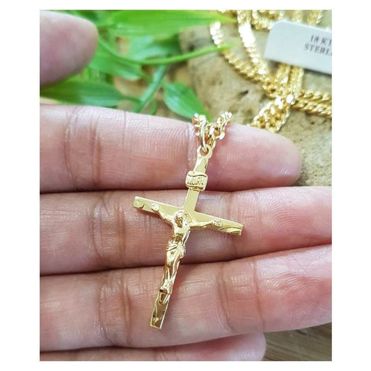 Mens Gold On Sterling Silver Crucifix/Classic Crucifix Necklace/Gold Plated On Sterling Crucifix Pendant/Crucifix Cross with Heavy Chain