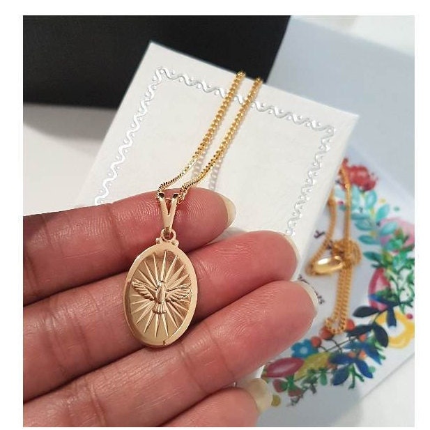 Gold Filled Holy Spirit Oval Pendant,18K Gold Filled Holy Spirit Necklace, Holy Ghost Gold Charm,Unisex Christian Pendant,Confirmation Gift