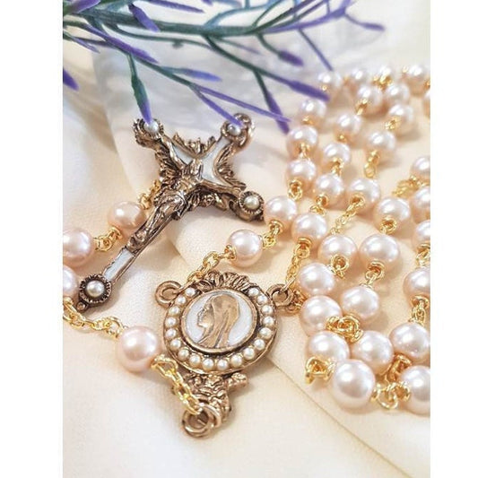 Gold Plated Pearl Rosary,Feminine Pearl Rosary,Mother of Bride Gift,Bride's Rosary,Vintage look Prayer Beads,Pearls of Mary,Catholic Wedding