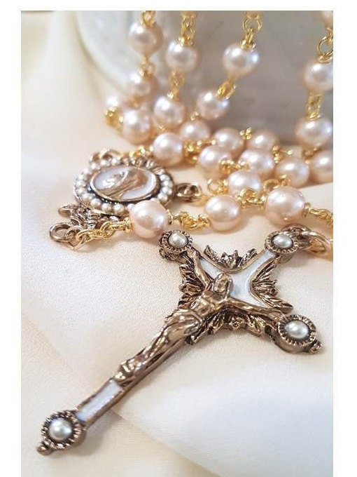 Gold Plated Pearl Rosary,Feminine Pearl Rosary,Mother of Bride Gift,Bride's Rosary,Vintage look Prayer Beads,Pearls of Mary,Catholic Wedding