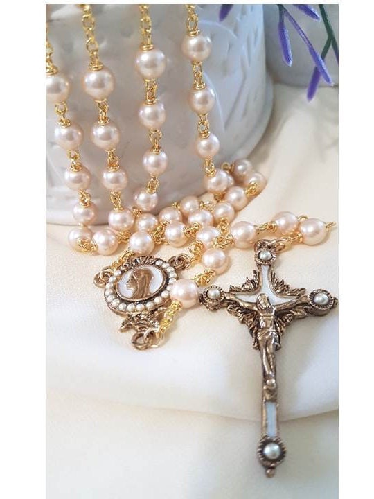 Gold Plated Pearl Rosary,Feminine Pearl Rosary,Mother of Bride Gift,Bride's Rosary,Vintage look Prayer Beads,Pearls of Mary,Catholic Wedding