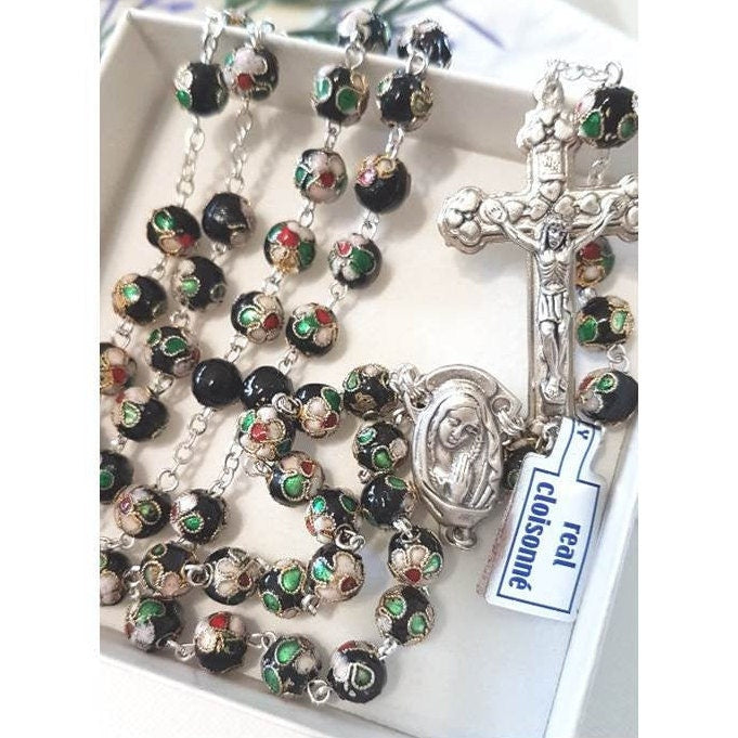 Real Cloisonne Rosary/Black Genuine Cloisonne Rosary/Catholic Rosary with Italian Cloisonne Beads/Italy imports beads/Black Catholic Rosary