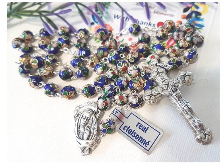 Elegant Genuine Cloissonne Blue Rosary Beads/Real Glass 8mm Dark Blue Cloisonne Rosary/Cloisonne Italian Beads/Italy Imports Beads & medals