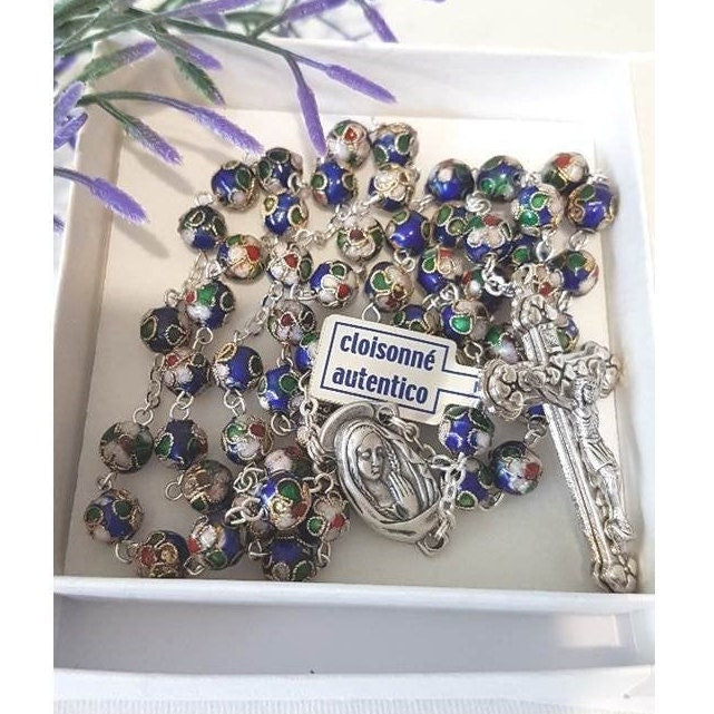 Elegant Genuine Cloissonne Blue Rosary Beads/Real Glass 8mm Dark Blue Cloisonne Rosary/Cloisonne Italian Beads/Italy Imports Beads & medals