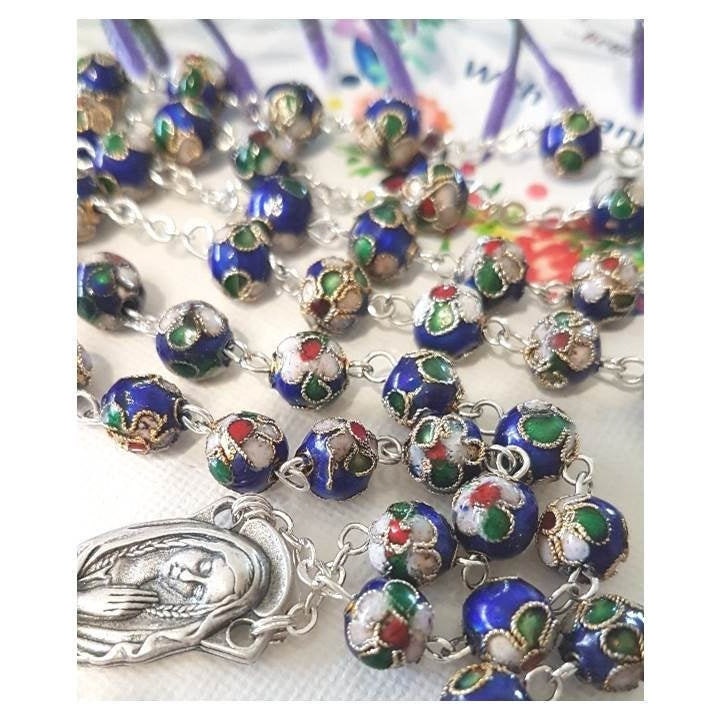 Elegant Genuine Cloissonne Blue Rosary Beads/Real Glass 8mm Dark Blue Cloisonne Rosary/Cloisonne Italian Beads/Italy Imports Beads & medals