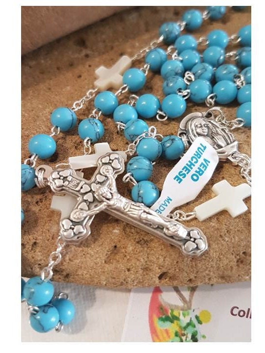 Genuine Turquoise and Mother Of Pearl Rosary/Real Gemstone Turquoise Rosary/Mother Of Pearl Cross and Blue Turquoise Catholic Prayer Beads