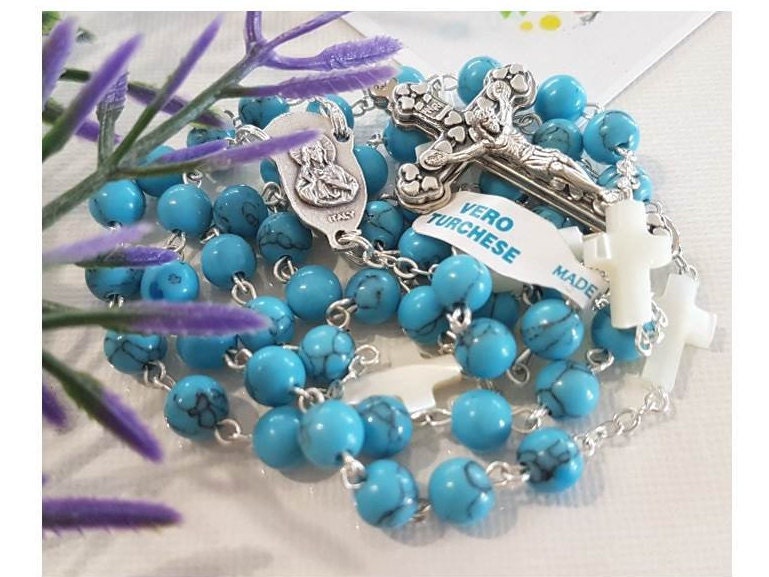 Genuine Turquoise and Mother Of Pearl Rosary/Real Gemstone Turquoise Rosary/Mother Of Pearl Cross and Blue Turquoise Catholic Prayer Beads