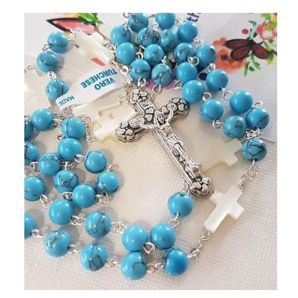 Genuine Turquoise and Mother Of Pearl Rosary/Real Gemstone Turquoise Rosary/Mother Of Pearl Cross and Blue Turquoise Catholic Prayer Beads