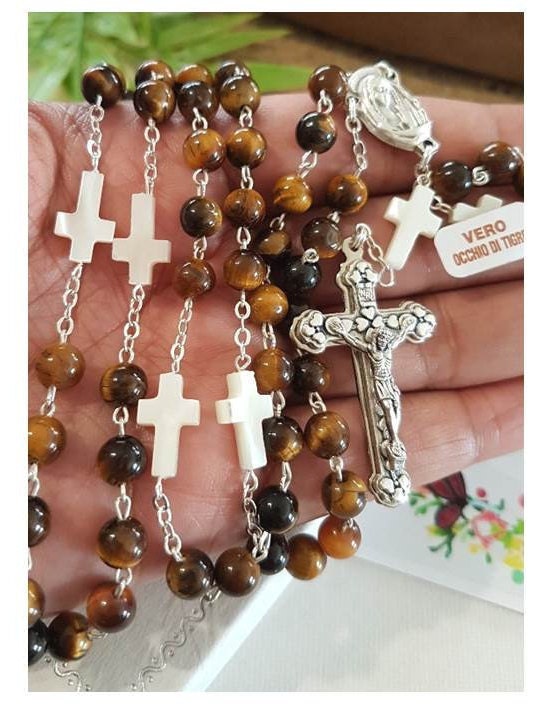 Gemstone Tiger Eye and Mother Of Pearl Rosary/Real Tiger Eye Stone and Mother Of Pearl Cross Beads Rosary/Gemstone Catholic Prayer Beads