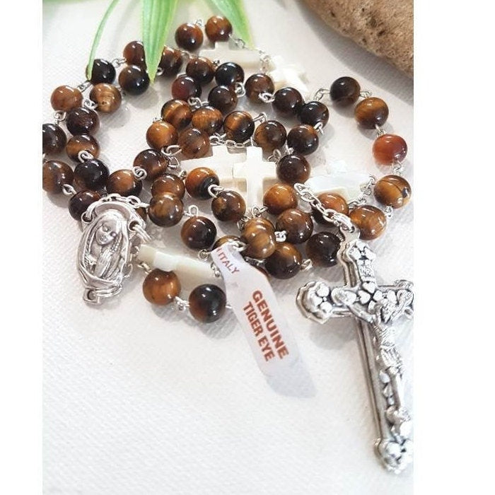Gemstone Tiger Eye and Mother Of Pearl Rosary/Real Tiger Eye Stone and Mother Of Pearl Cross Beads Rosary/Gemstone Catholic Prayer Beads