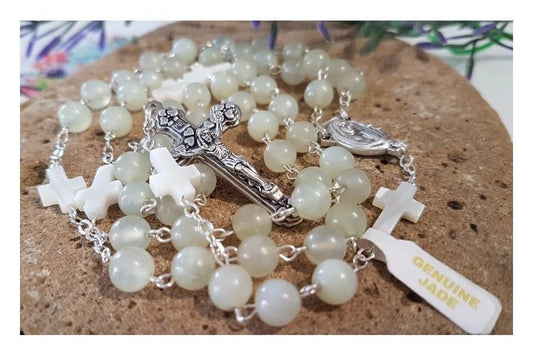 Genuine Jade Gemstone Rosary/Real Gemstone Jade and Mother Of Pearl Rosary/Italian Gemstone Catholic Prayer Beads/Mother Of Pearl Cross bead
