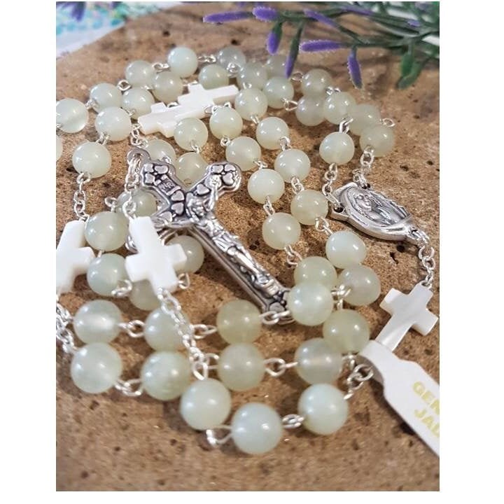 Genuine Jade Gemstone Rosary/Real Gemstone Jade and Mother Of Pearl Rosary/Italian Gemstone Catholic Prayer Beads/Mother Of Pearl Cross bead