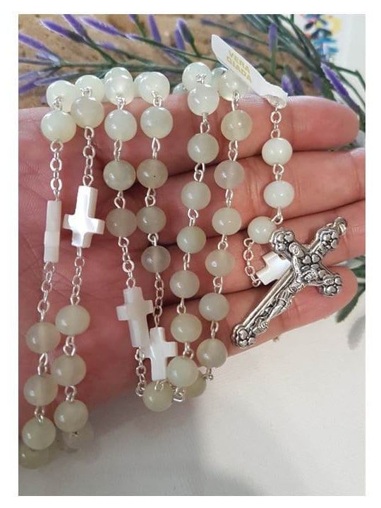 Genuine Jade Gemstone Rosary/Real Gemstone Jade and Mother Of Pearl Rosary/Italian Gemstone Catholic Prayer Beads/Mother Of Pearl Cross bead