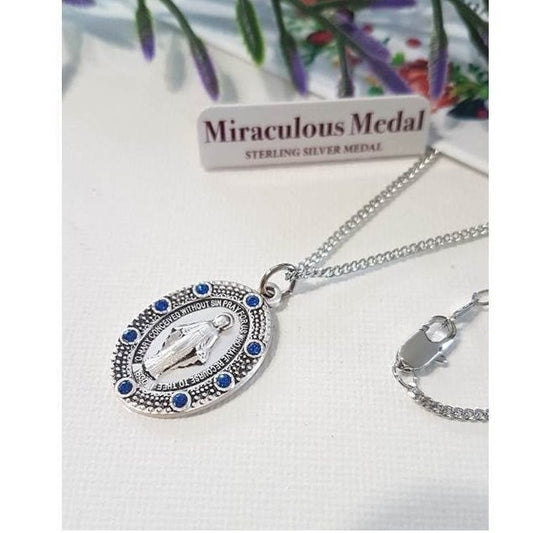 Sterling Silver Lady Of Grace Necklace/Sterling Our lady of Miraculous Medal Pendant/Virgin Mary Sterling Medal/Silver Mother Of God Jewelry